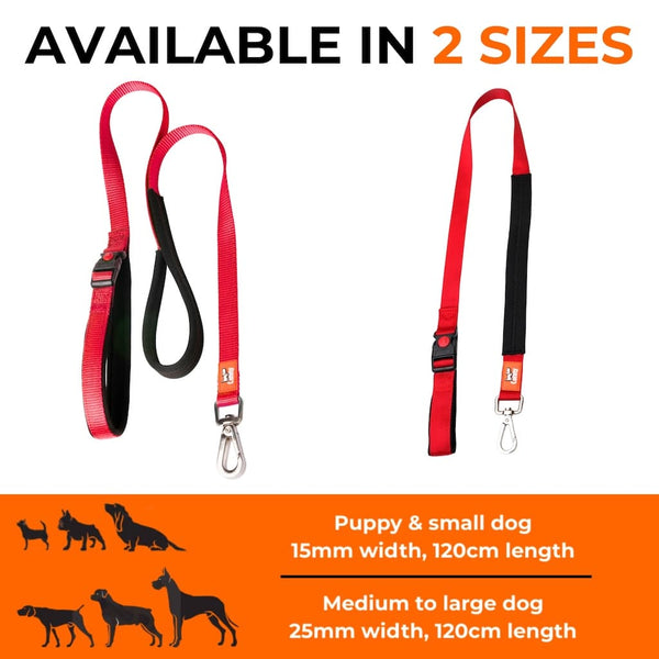 Two red Canny Connect anti-escape leads shown in 15mm and 25mm widths for small and large dogs, 120cm length, soft padded handles.