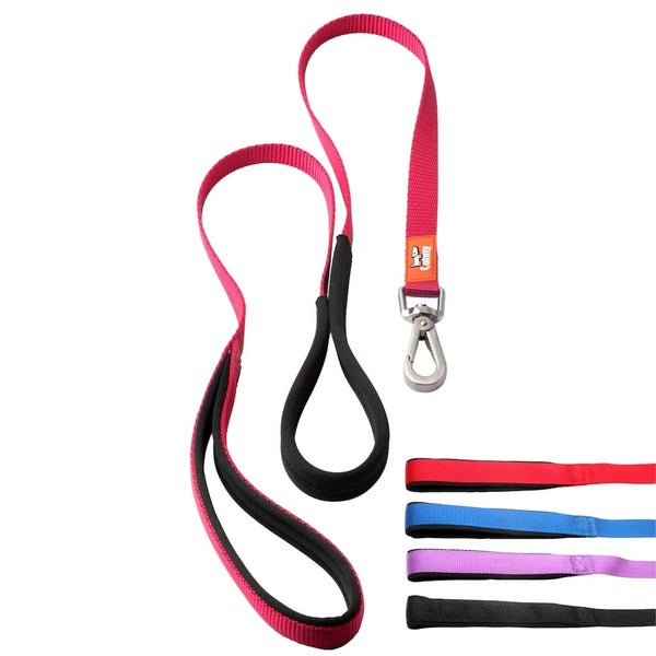 Red 15mm wide Canny anti-pull lead for small dogs & puppies, padded grip and secure steel clip, shown with colour options: red, blue, purple, black.