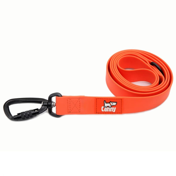 Orange waterproof and odourless lead with locking carabiner clip, coiled and displayed on a white background.