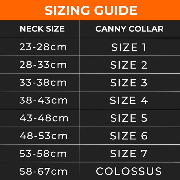 Canny Collar sizing chart showing neck size in centimeters and corresponding collar sizes from 1 to Colossus.