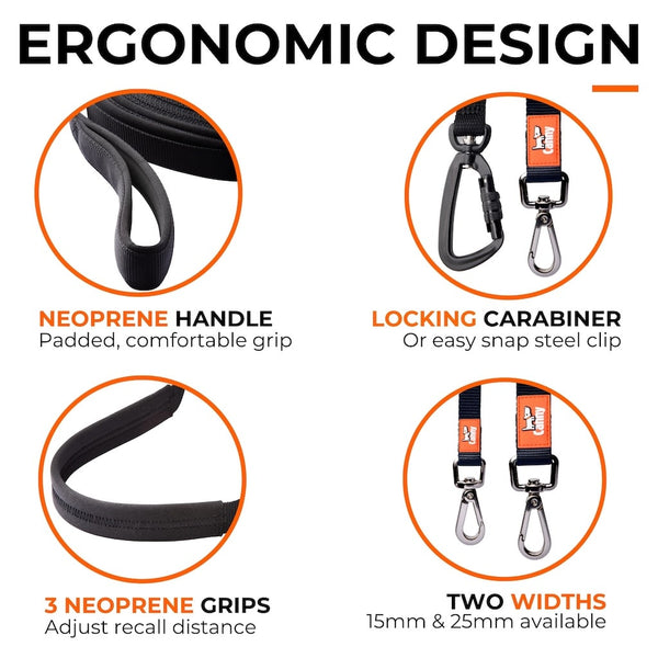 Canny Recall Lead ergonomic features shown: padded grip, locking carabiner, recall grips and two lead widths.