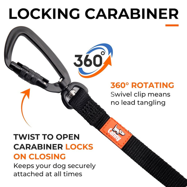 Close-up of black Canny Recall Lead with twist-lock carabiner and 360° swivel clip for safe, tangle-free control.