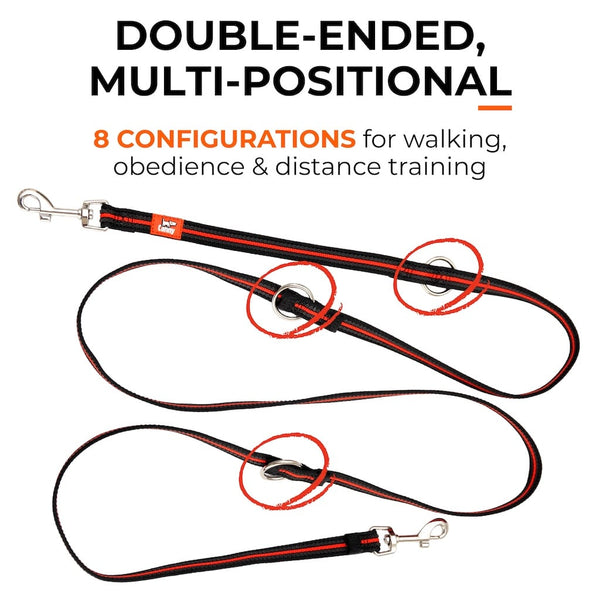 Double-ended dog training lead shown laid out with 3 O-rings for 8 walking, obedience, and distance training configurations.