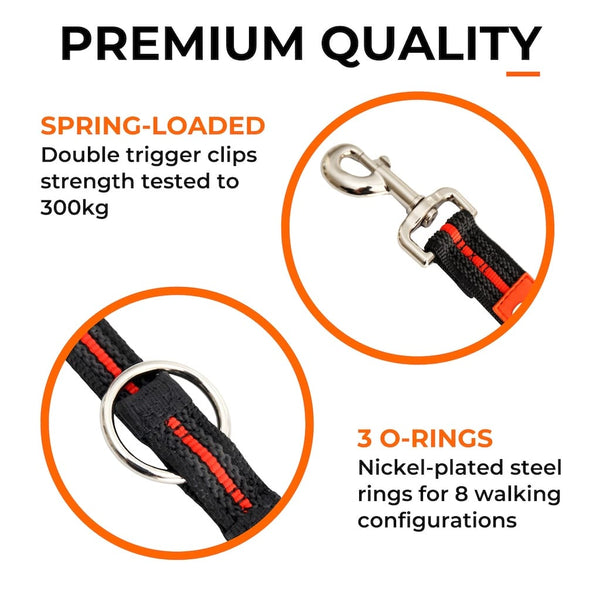 Close-ups of trigger clips and O-rings of double-ended training lead tested to 300kg, designed for multiple configurations.
