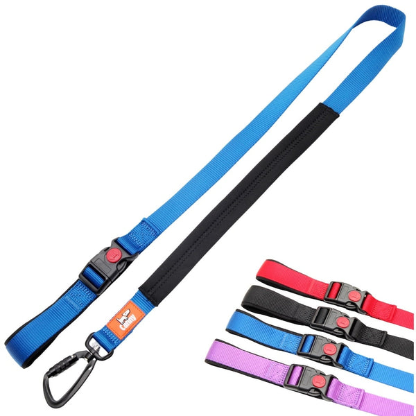 Blue 120cm Canny Connect anti escape lead for medium-large dogs with soft grip and locking carabiner, shown with 4 colour choices.