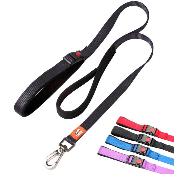 Black 15mm wide Canny Connect no escape lead for small dogs & puppies, padded neoprene handle and grip, steel clip, and swatches with four colour options.