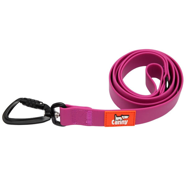 Pink waterproof and odourless lead with black locking carabiner and orange logo tag, rolled up cleanly.