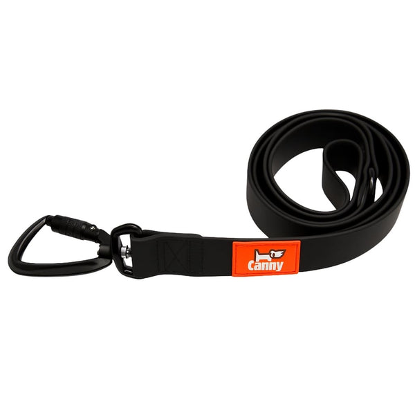Black waterproof and odourless lead coiled neatly, with orange logo tag and black locking carabiner clip.