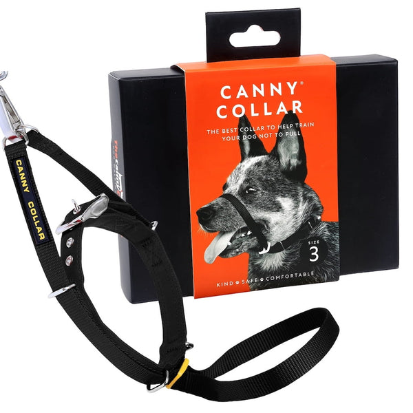 Black Canny Collar in retail packaging with the wording 'The best collar to stop pulling' next to a dog wearing the collar.