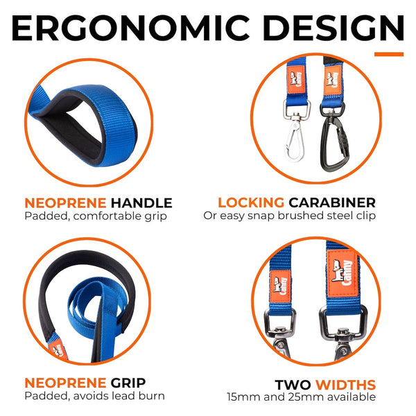 Canny Lead with padded neoprene handle and grip, locking carabiner or snap clip, available in 15mm and 25mm widths.