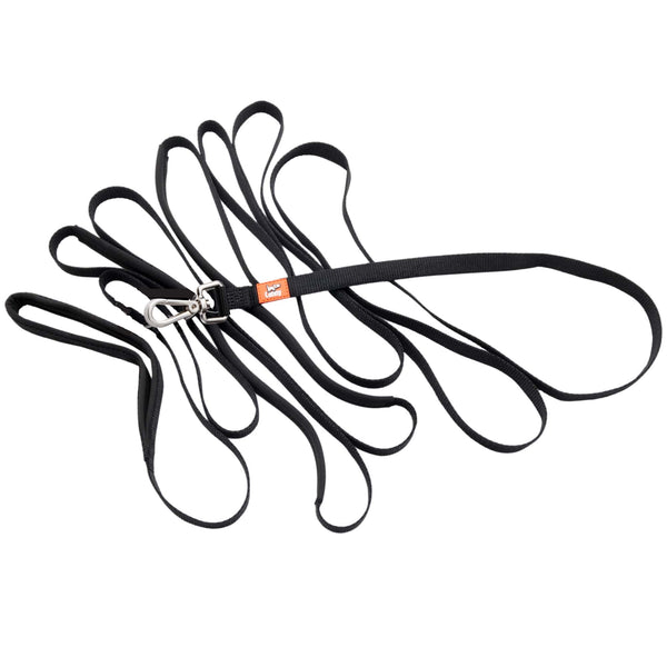 Black 5m Canny Recall Lead for small dogs & puppies with padded handle, grab points and brushed-steel clip.