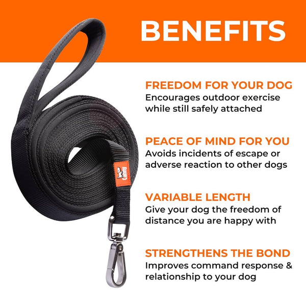 Rolled black Canny Recall Lead with clip; highlights training benefits like safety, control, freedom and bonding.