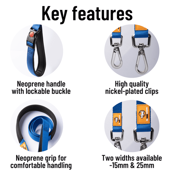 Key features of the Canny Lead Connect. Neoprene handle with lockable buckle. High quality nickel plated clips. Neoprene grip for comfortable handling. Two widths available - 15mm & 25mm.